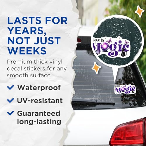 (2 Pack) Believe in Magic Stickers - Fantasy Cat - Inspirational Crystal - 5" On Longest Side - Sticks to Smooth Flat Surfaces - Made in USA - BMCS8071