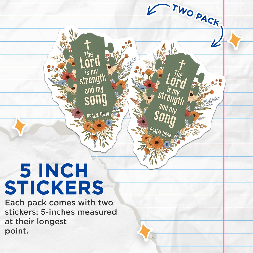 (2 Pack) Christian Stickers - Guitar Art - Psalm 118 14 - Religious Stickers - Scripture Stickers - 5" On Longest Side - Sticks to Smooth Flat Surfaces - Made in USA - BMCS18564
