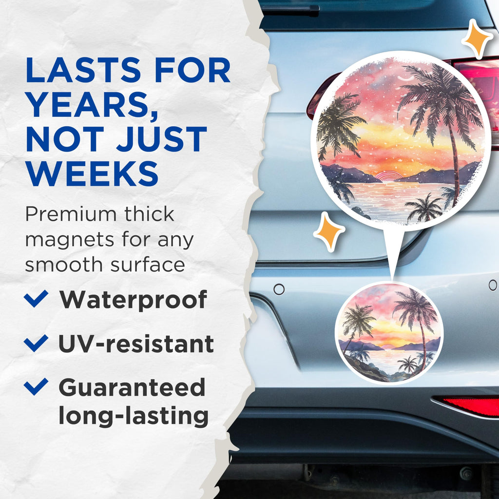 (2 Pack) Tropical Sunset Magnets - Vibrant Watercolor Palm Tree Scene - Serene Island Landscape Art - 5 Inches On Longest Side - Thick Durable Magnet - Made in USA - MAG19815