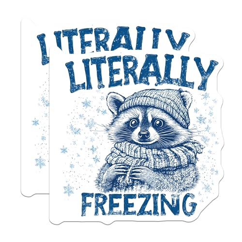 (2 Pack) Literally Freezing Raccoon Stickers - Winter Funny Animal Stickers - Cute Raccoon Frost Stickers - 5" On Longest Side - Sticks to Any Smooth Flat Surface - Made in USA - BMCS3056
