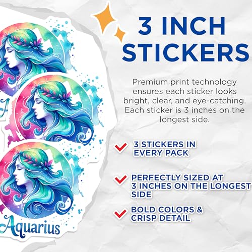 (3 Pack) Aquarius Zodiac Decals - Horoscope Astrology - Water Bearer Laptop Stickers- 3 Inches On Longest Side - Easy Peel & Apply - Made in USA - 3MCS5779