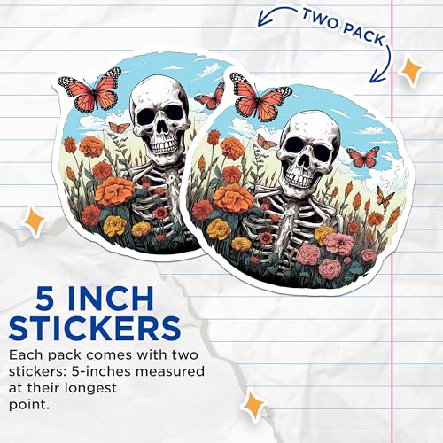 (2 Pack) Skeleton Floral Art Stickers - Butterfly Skull Stickers - Nature Inspired Stickers for Laptops and Water Bottles - 5" On Longest Side - Sticks to Smooth Flat Surfaces - Made in USA - BMCS4238