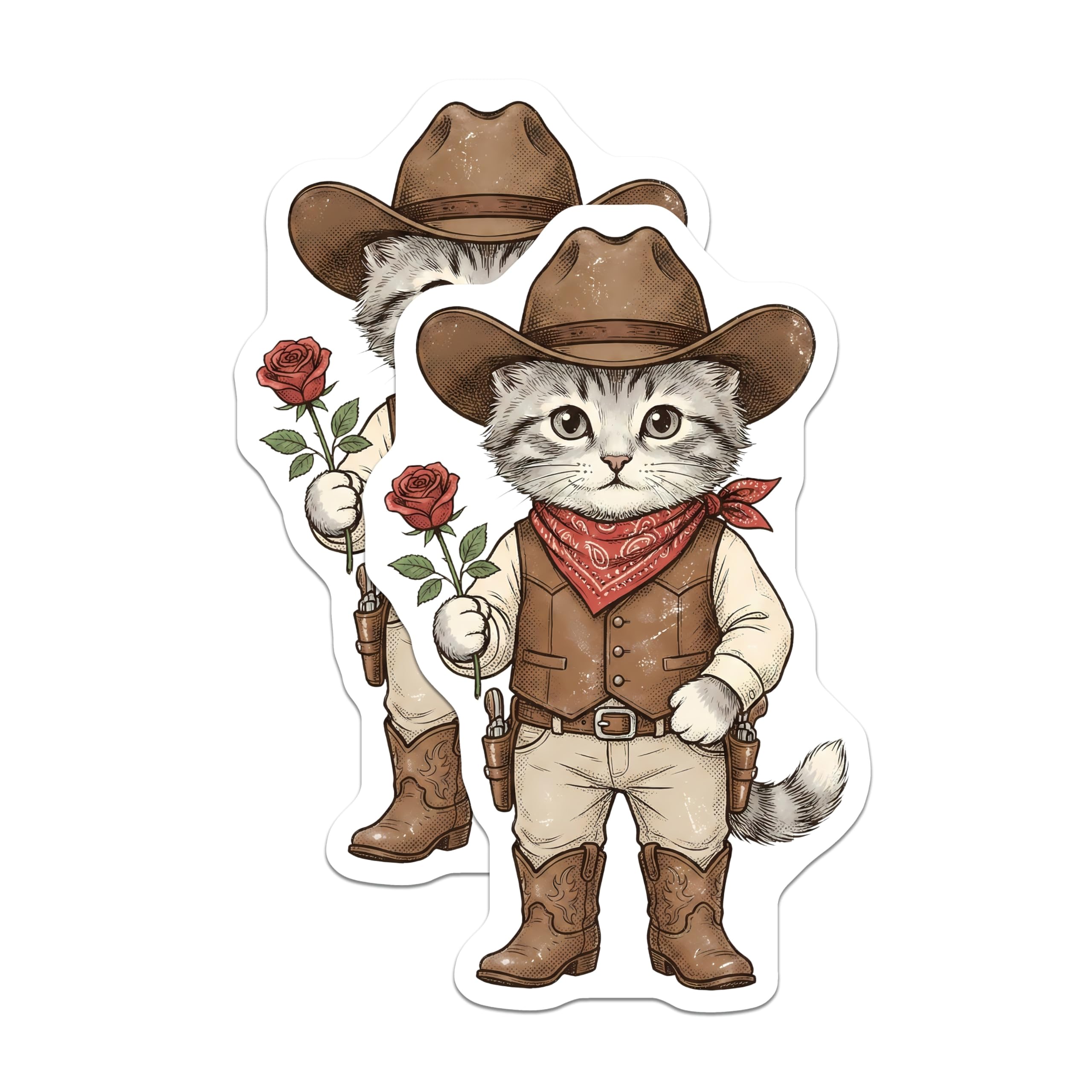 (2 Pack) Cowboy Cat Magnets - Western Kitten Decor - Rose Holding Cowboy Cat - 5" On Longest Side - Premium Magnet - for Cars, Refrigerators, Toolboxes, Lockers - Made in USA - MAG14365