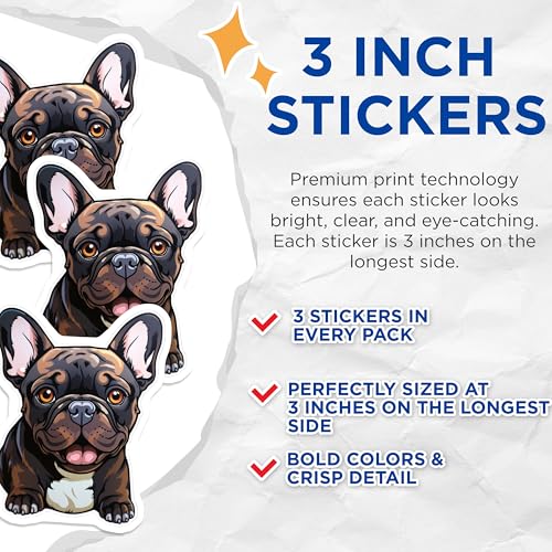 (3 Pack) French Bulldog Decals - Cute Dog - Laptop Decal - 3 Inches On Longest Side - Easy Peel & Apply - Made in USA - 3MCS2709