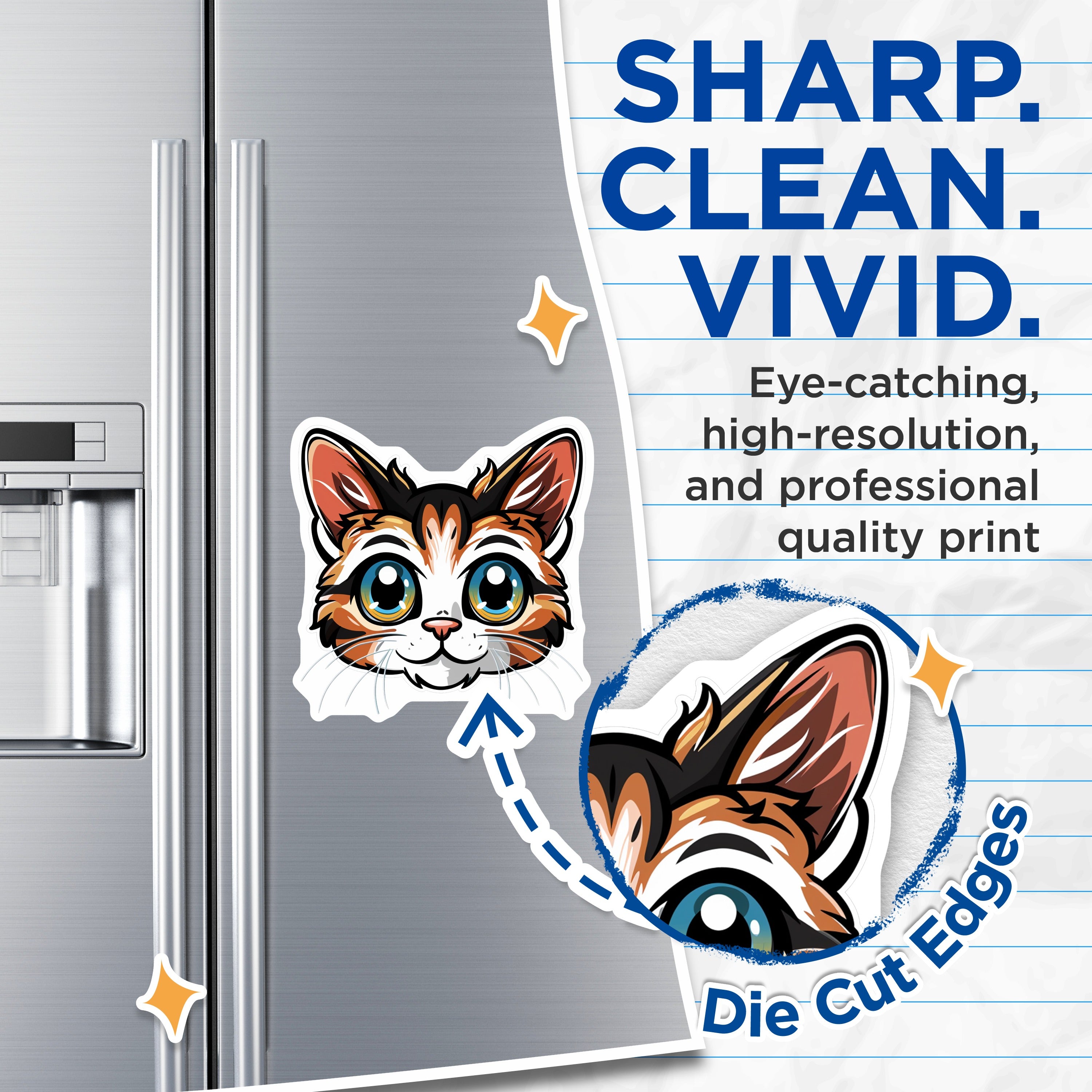 (2 Pack) Cute Cat Face Magnets - Kawaii Calico Kitten - Refrigerator Locker Decor - 5 Inches On Longest Side - Thick Durable Magnet - Made in USA - MAG36344