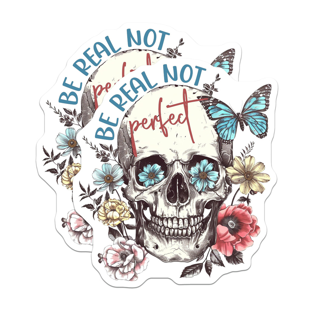 (2 Pack) Floral Skull Magnets - Be Real Not Perfect Quote Decor - Butterfly Flower Aesthetic Art Magnets - 5 Inches On Longest Side - Thick Durable Magnet - Made in USA - MAG37007
