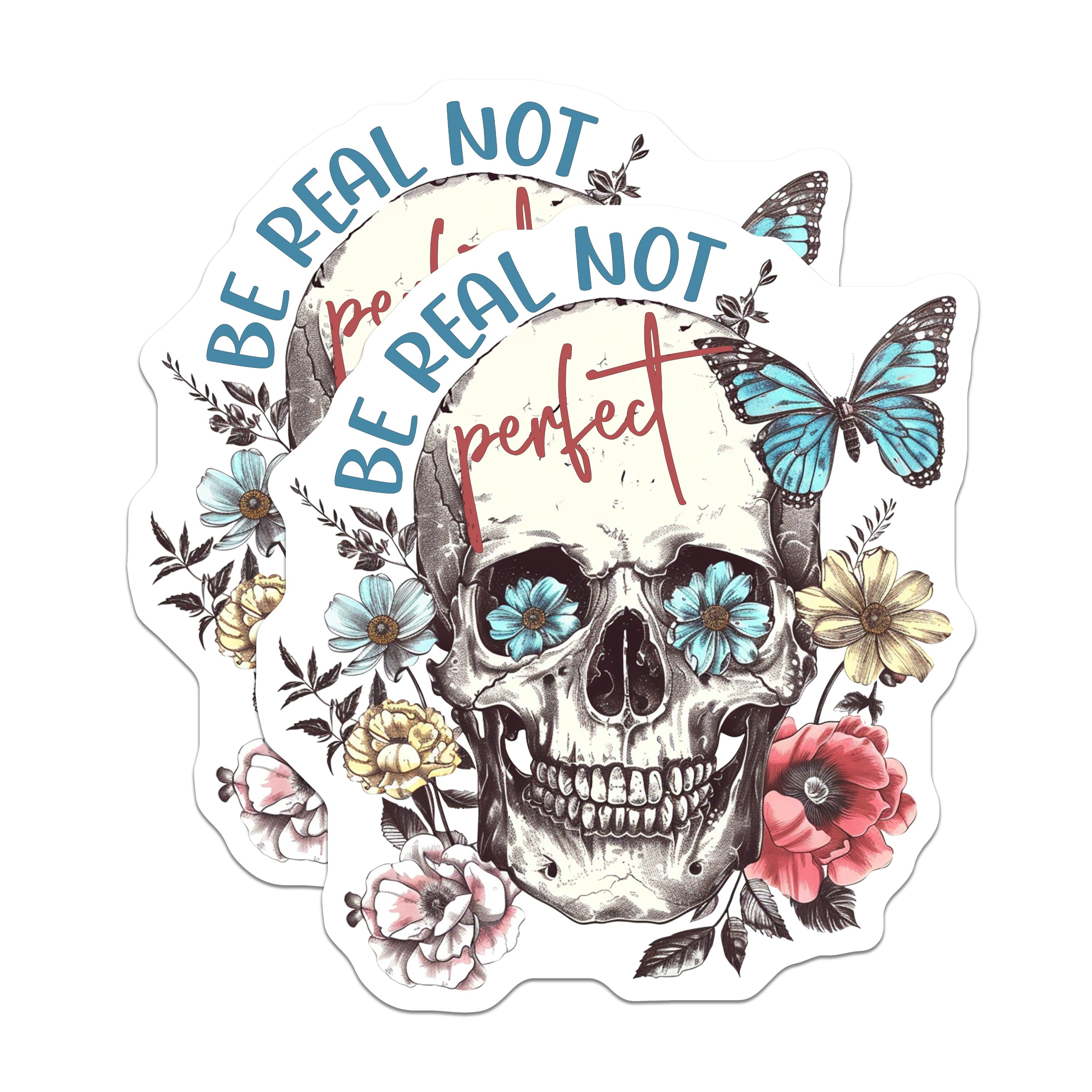 (2 Pack) Floral Skull Magnets - Be Real Not Perfect Quote Decor - Butterfly Flower Aesthetic Art Magnets - 5 Inches On Longest Side - Thick Durable Magnet - Made in USA - MAG37007