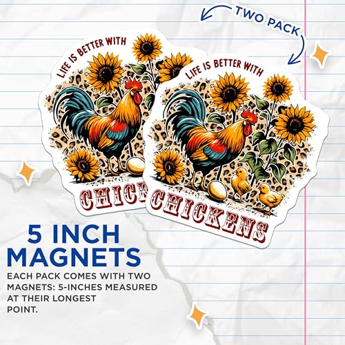 (2 Pack) Sunflowers Rooster Design Magnet - 5" On Longest Side - Sticks to Smooth Flat Surfaces - Made in USA - MAG9658