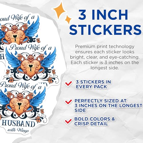 (3 Pack) Proud Wife Decals - Husband with Wings Sticker - Love Laptop Decal - 3 Inches On Longest Side - Easy Peel & Apply - Made in USA - 3MCS4875