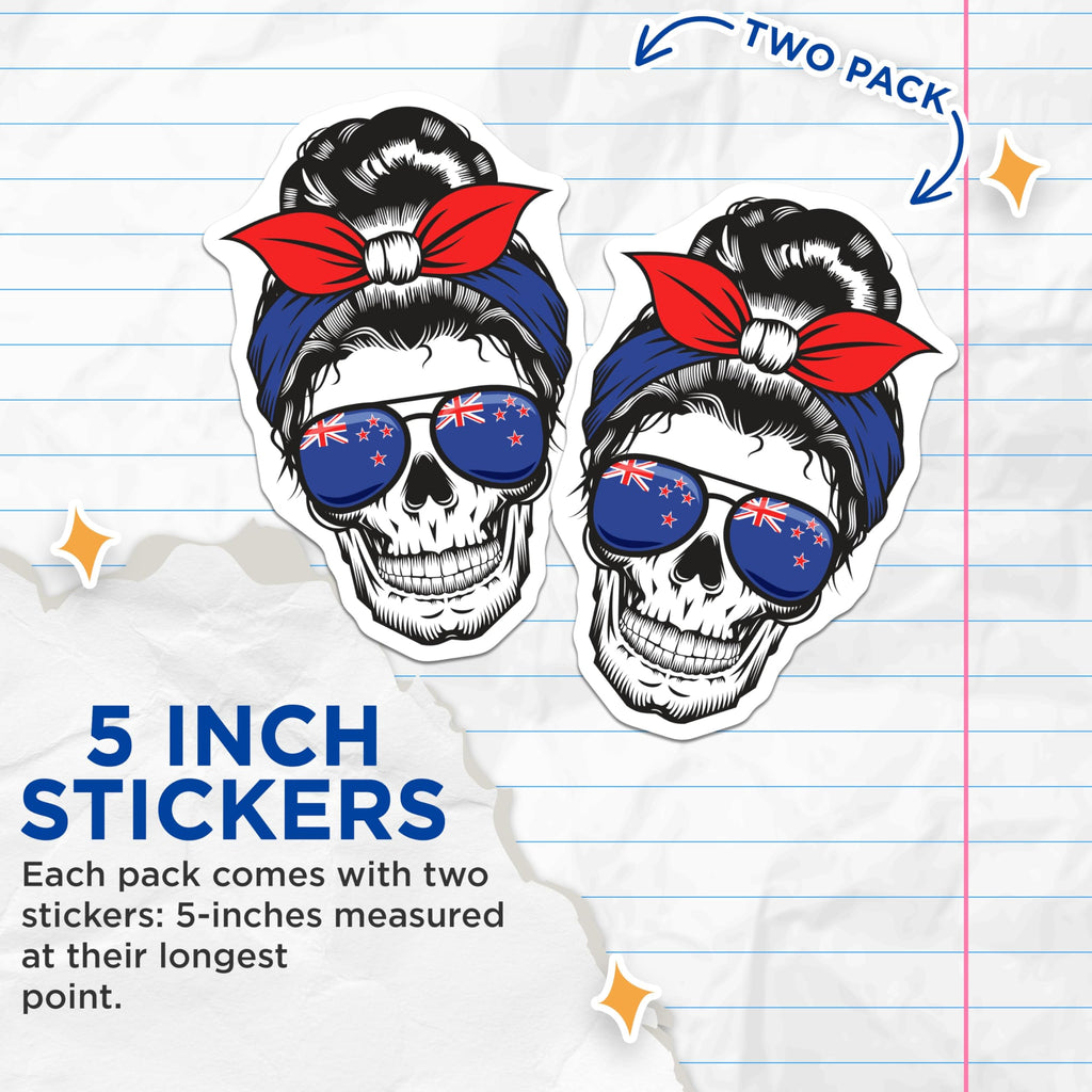 (2 Pack) New Zealand Flag Skull Stickers - Kiwi Pride - Messy Bun Mom - Shades Decal - 5" On Longest Side - Sticks to Smooth Flat Surfaces - Made in USA - BMCS18903