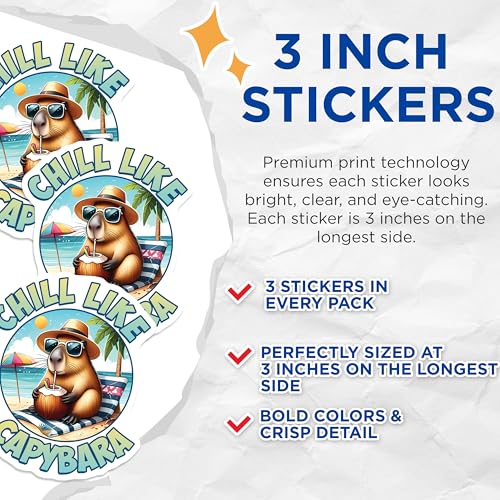 (3 Pack) Chill Capybara Decals - Laptop Decals - Relaxing Animal Stickers - 3 Inches On Longest Side - Easy Peel & Apply - Made in USA - 3MCS2527
