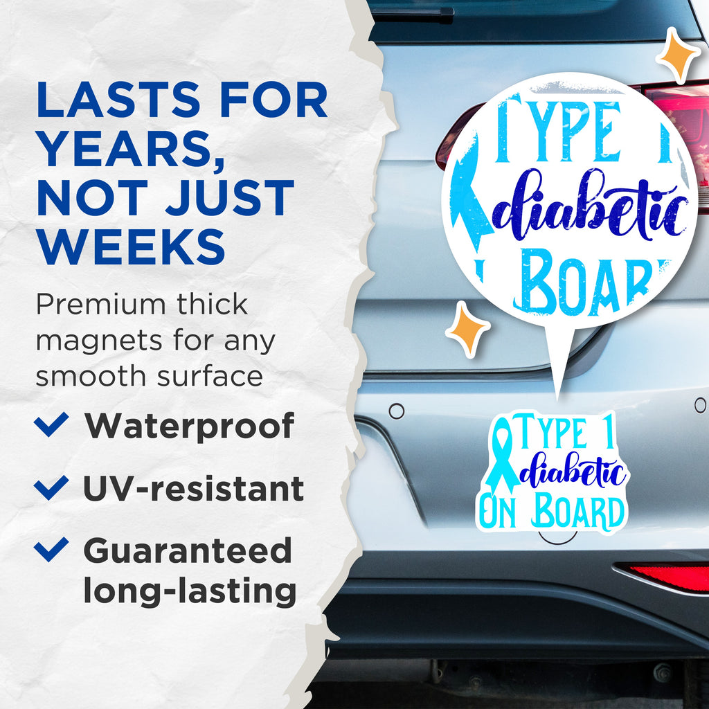 (2 Pack) Type 1 Diabetic On Board Magnets - Medical Alert Safety Vehicle - Diabetes Awareness Auto Decal - 5 Inches On Longest Side - Thick Durable Magnet - Made in USA - MAG39535