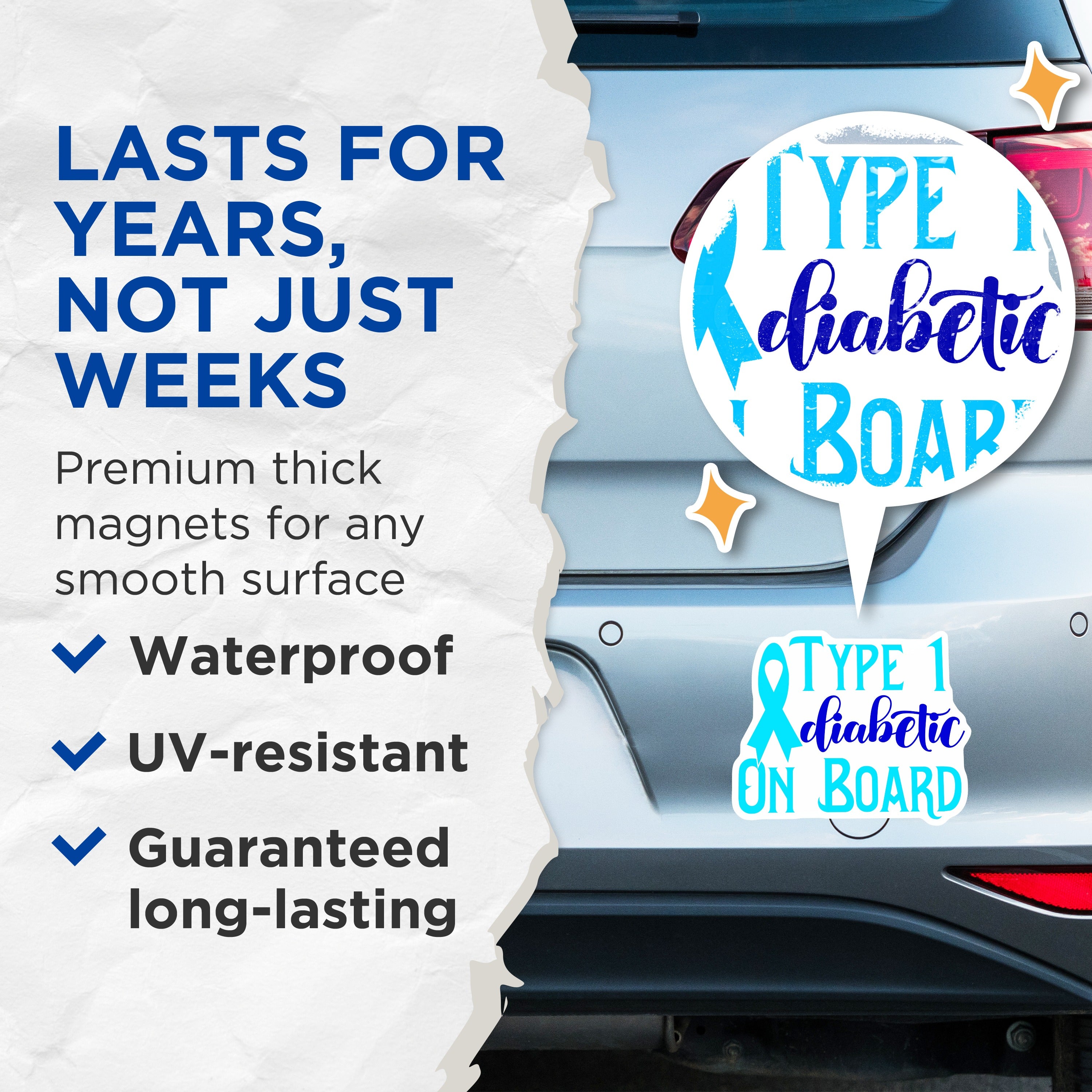 (2 Pack) Type 1 Diabetic On Board Magnets - Medical Alert Safety Vehicle - Diabetes Awareness Auto Decal - 5 Inches On Longest Side - Thick Durable Magnet - Made in USA - MAG39535