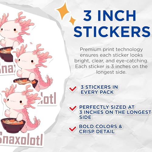 (3 Pack) Snaxolotl Decals - Axolotl Lover - Cute Anime Stickers - 3 Inches On Longest Side - Easy Peel & Apply - Made in USA - 3MCS6543