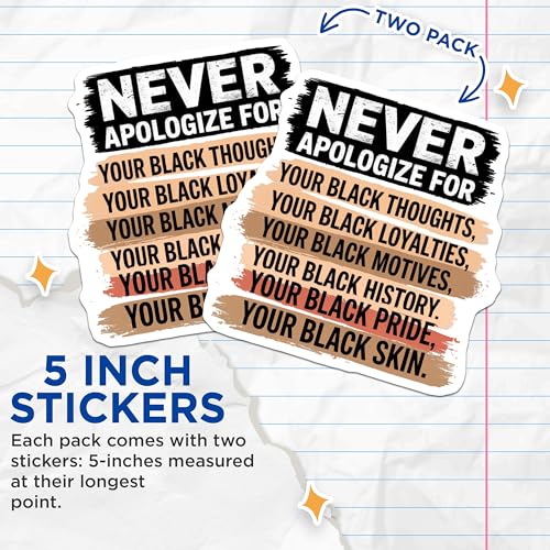: (2 Pack) Never Apologize for Your Black Thoughts Stickers - Inspirational Quotes Stickers - Black History Stickers - 5" On Longest Side - Sticks to Smooth Flat Surfaces - Made in USA - BMCS5214