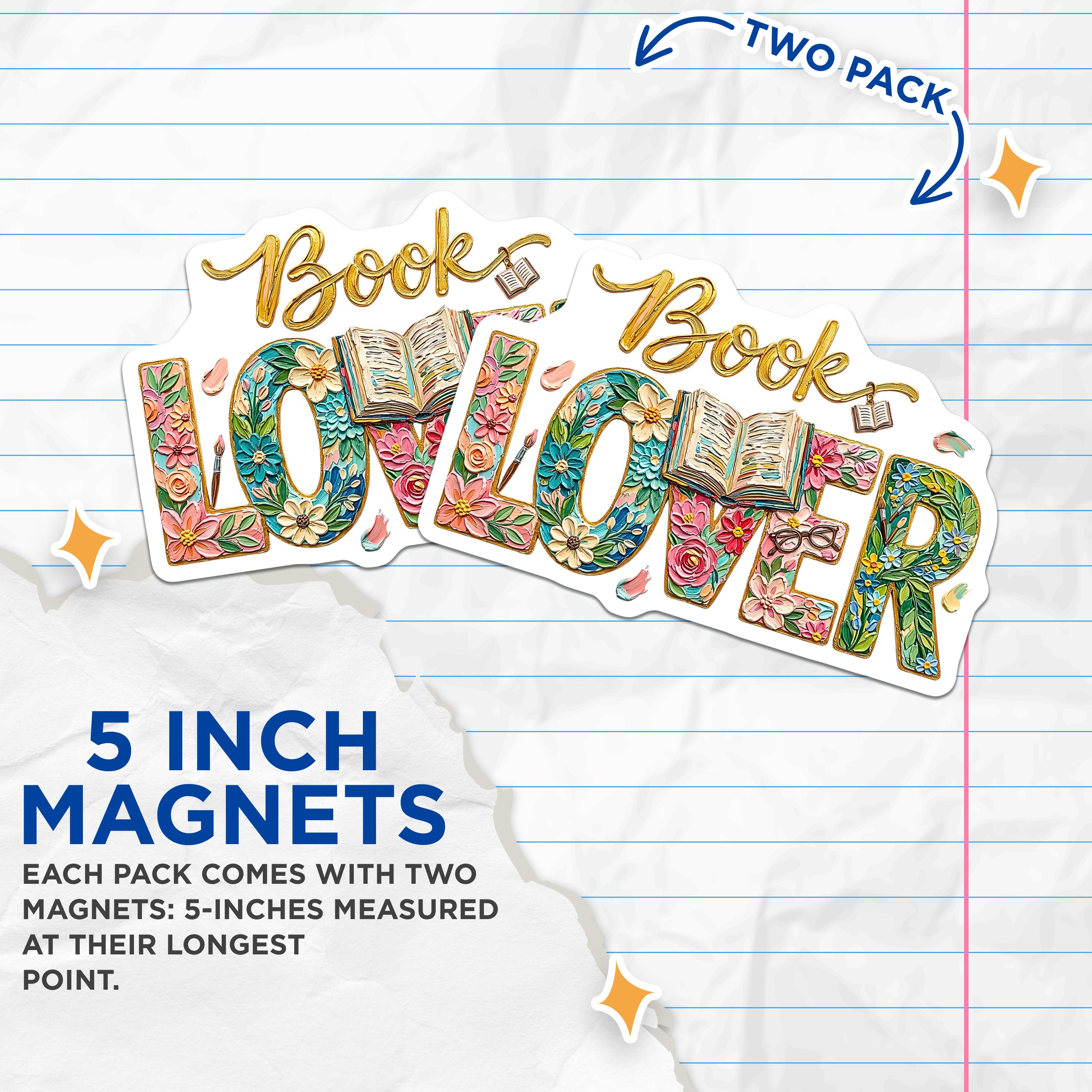 (2 Pack) Book Lover Magnets - Floral Reading Decor - Bookworm Accents - Literary Enthusiast - Teacher Librarian Item - 5 Inches On Longest Side - Thick Durable Magnet - Made in USA - MAG38215
