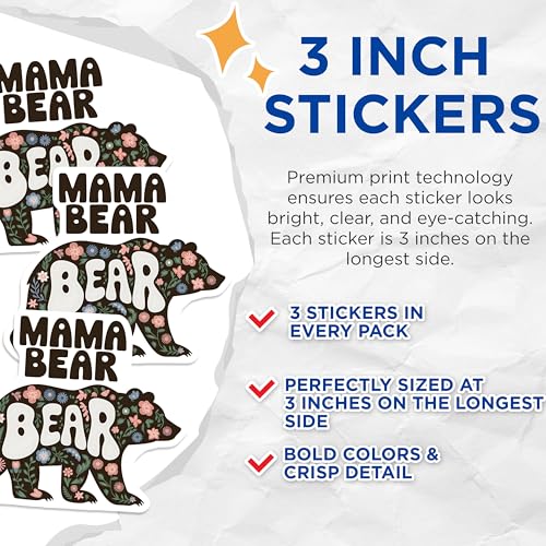 (3 Pack) Mama Bear Decals - Floral Bear - Laptop Decal - 3 Inches On Longest Side - Easy Peel & Apply - Made in USA - 3MCS2688