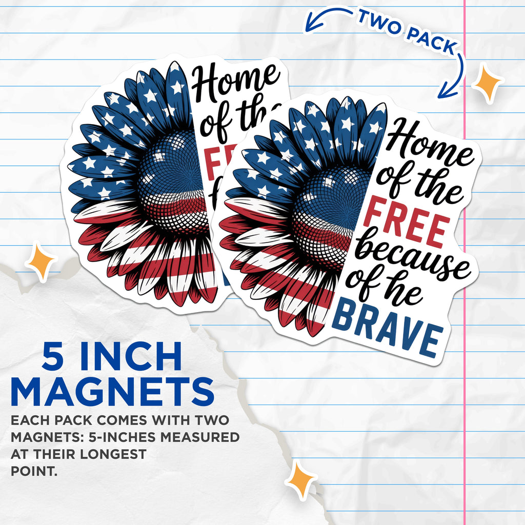 (2 Pack) Patriotic Sunflower Magnets - American Flag Design Home of the Free Brave Decor - Military Veteran Support - 5 Inches On Longest Side - Thick Durable Magnet - Made in USA - MAG37269