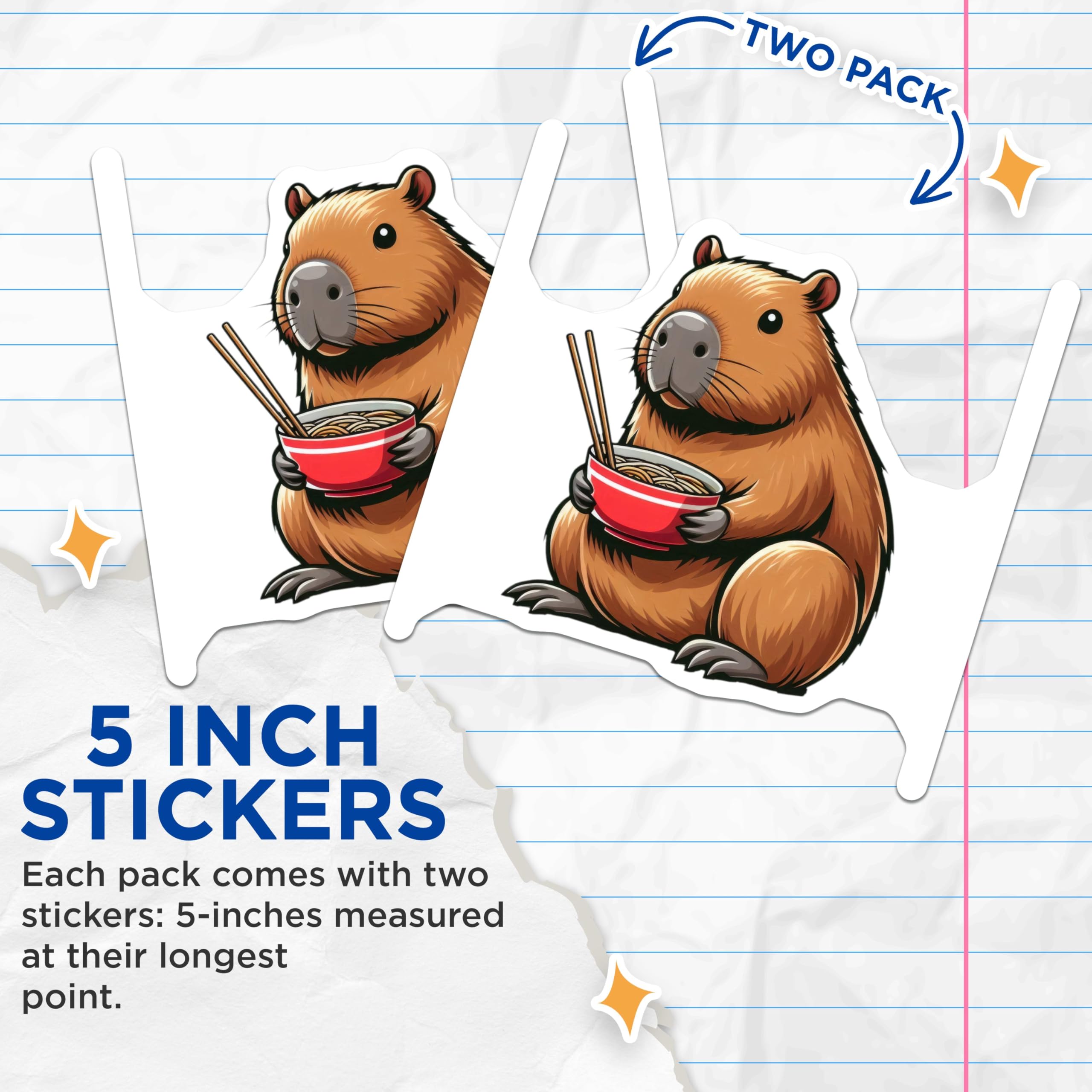 (2 Pack) Cute Capybara Stickers - Capybara Holding Ramen Bowl - Adorable Animal Art Decal - 5" On Longest Side - Sticks to Smooth Flat Surfaces - Made in USA - BMCS9914