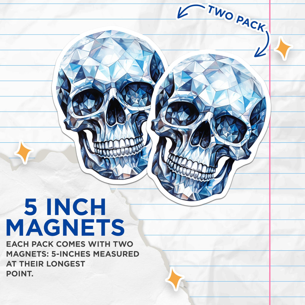 (2 Pack) Sparkling Blue Diamond Skull Magnets - Faceted Crystal Skull Design - Unique Gothic Aesthetic Refrigerator Decor - 5 Inches On Longest Side - Thick Durable Magnet - Made in USA - MAG20360