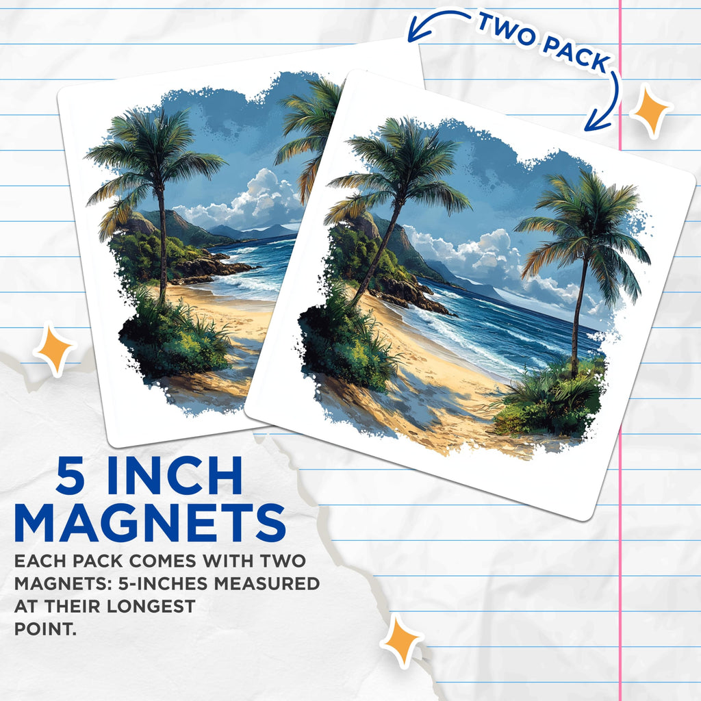 (2 Pack) Tropical Beach Magnets - Palm Tree Ocean Scene - Coastal Decor Art - 5 Inches On Longest Side - Thick Durable Magnet - Made in USA - MAG25036