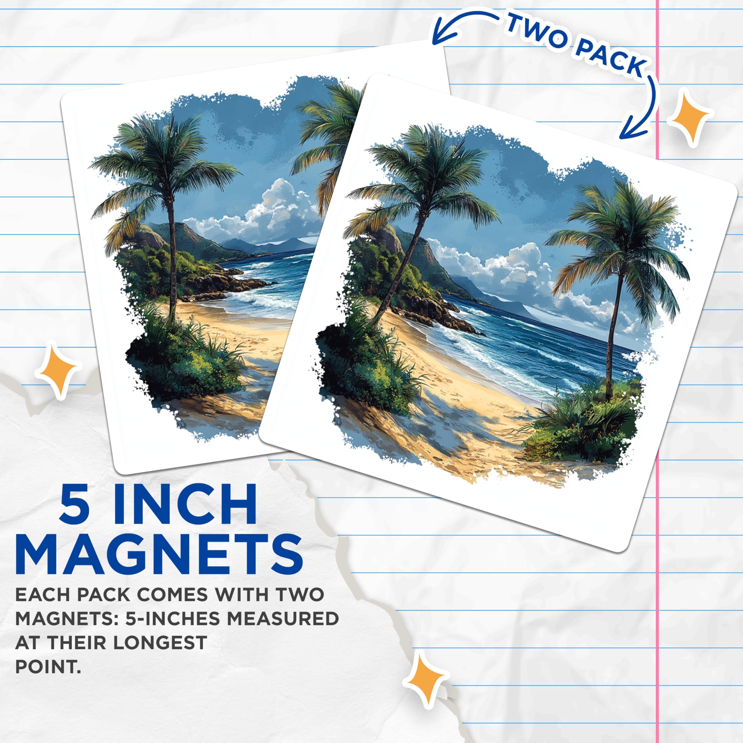 (2 Pack) Tropical Beach Magnets - Palm Tree Ocean Scene - Coastal Decor Art - 5 Inches On Longest Side - Thick Durable Magnet - Made in USA - MAG25036