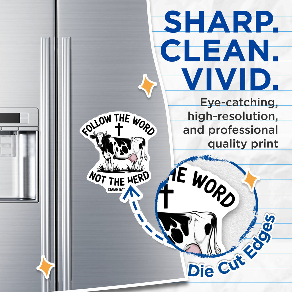 (2 Pack) Follow The Word Not The Herd Magnets - Christian Cow Inspirational Fridge Decor - Bible Verse Isaiah 5:11-13 Faith Statement - 5" - Durable Magnet - Made in USA - MAG38833