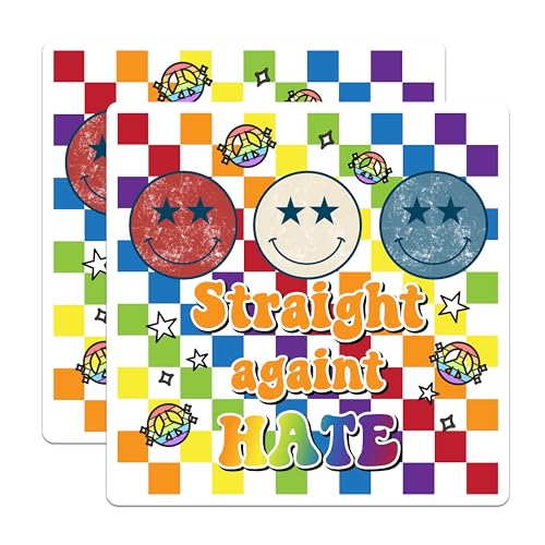 (2 Pack) Straight Against Hate Stickers - Rainbow Smiley Face Stickers - Anti Prejudice Stickers - 5" On Longest Side - Sticks to Smooth Flat Surfaces - Made in USA - BMCS6214