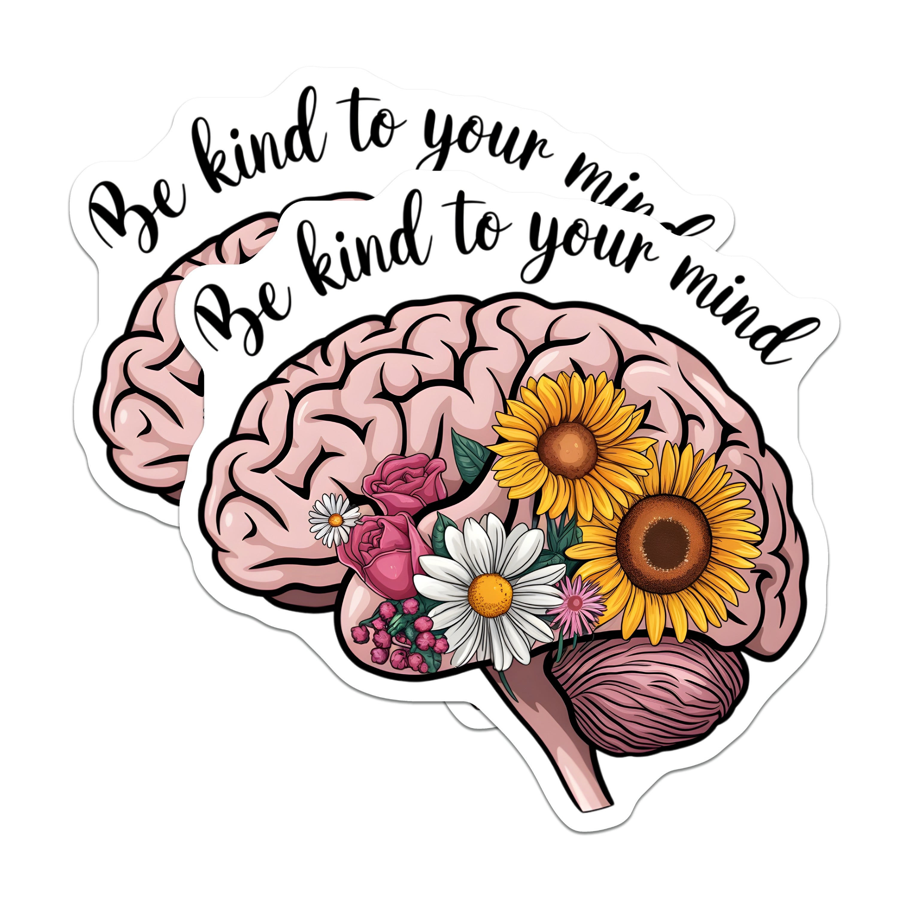 (2 Pack) Be Kind to Your Mind Magnets - Mental Health Awareness - Self Care Reminder - Floral Brain Art - 5 Inches On Longest Side - Thick Durable Magnet - Made in USA - MAG37953