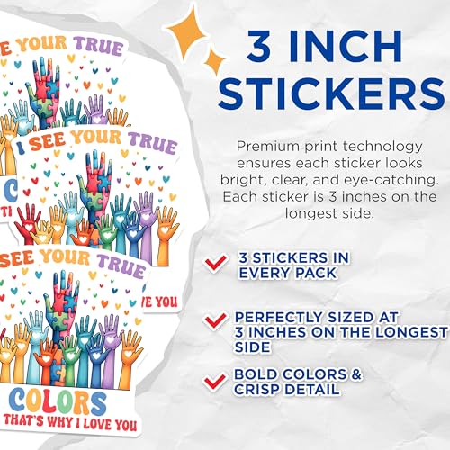 (3 Pack) Autism Awareness Decals - True Colors Puzzle - Hands with Hearts Laptop Decal - 3 Inches On Longest Side - Easy Peel & Apply - Made in USA - 3MCS1985
