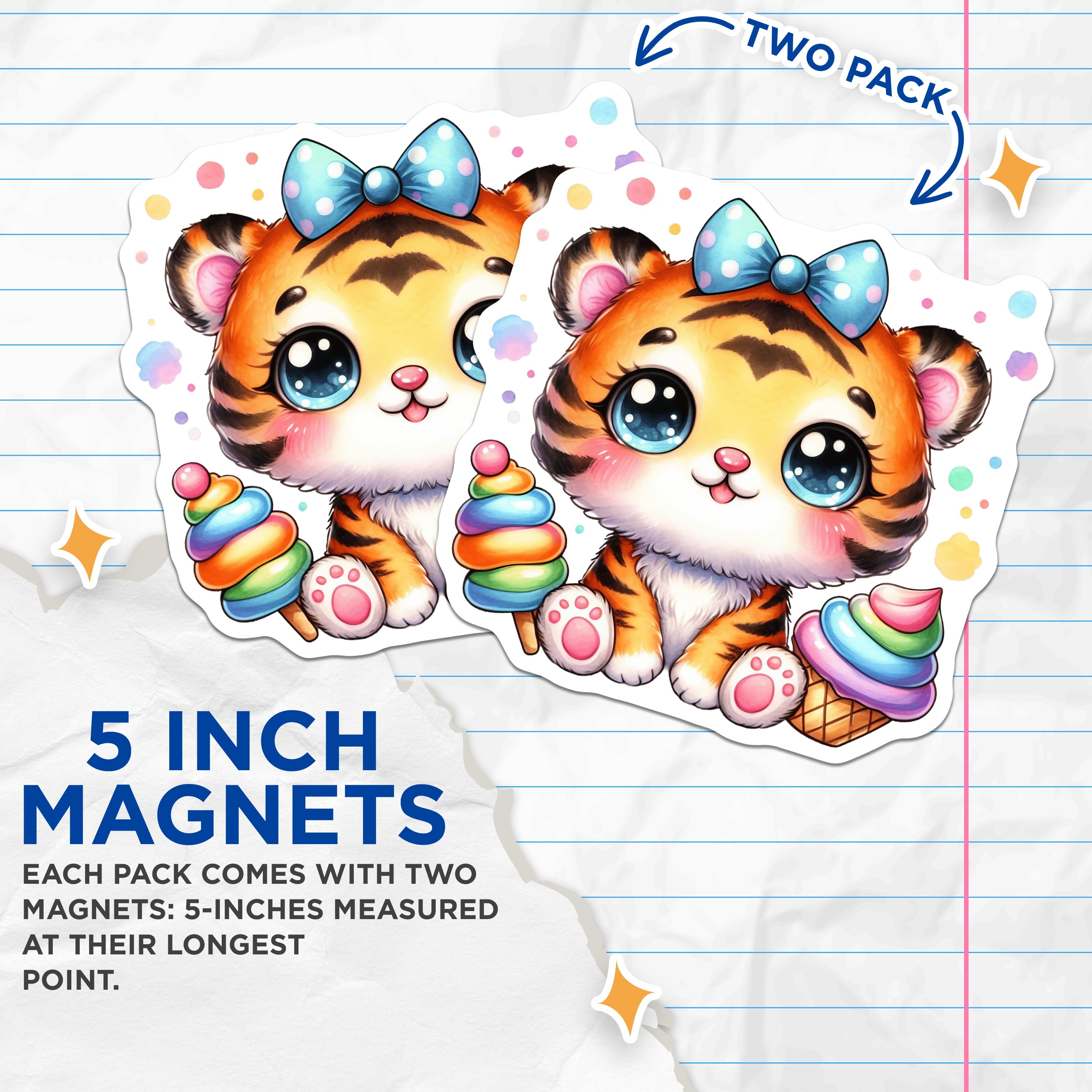 (2 Pack) Cute Tiger Magnets - Kawaii Animal Fridge Decor - Ice Cream Lover Home Item - Kids Nursery Art - 5 Inches On Longest Side - Thick Durable Magnet - Made in USA - MAG37251