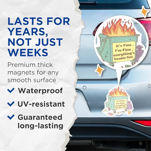 (2 Pack) It's Fine I'm Fine Magnets - Funny Dumpster Fire - Everything's Fine Fridge Magnet - 5" On Longest Side - for Cars, Fridges, Toolboxes - Made in USA - MAG6559