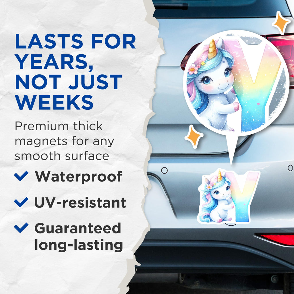 (2 Pack) Unicorn Letter Y Magnets - Initial Y Decor - Cute Animal Character - 5" On Longest Side - Premium Magnet - for Cars, Refrigerators, Toolboxes, Lockers - Made in USA - MAG16442