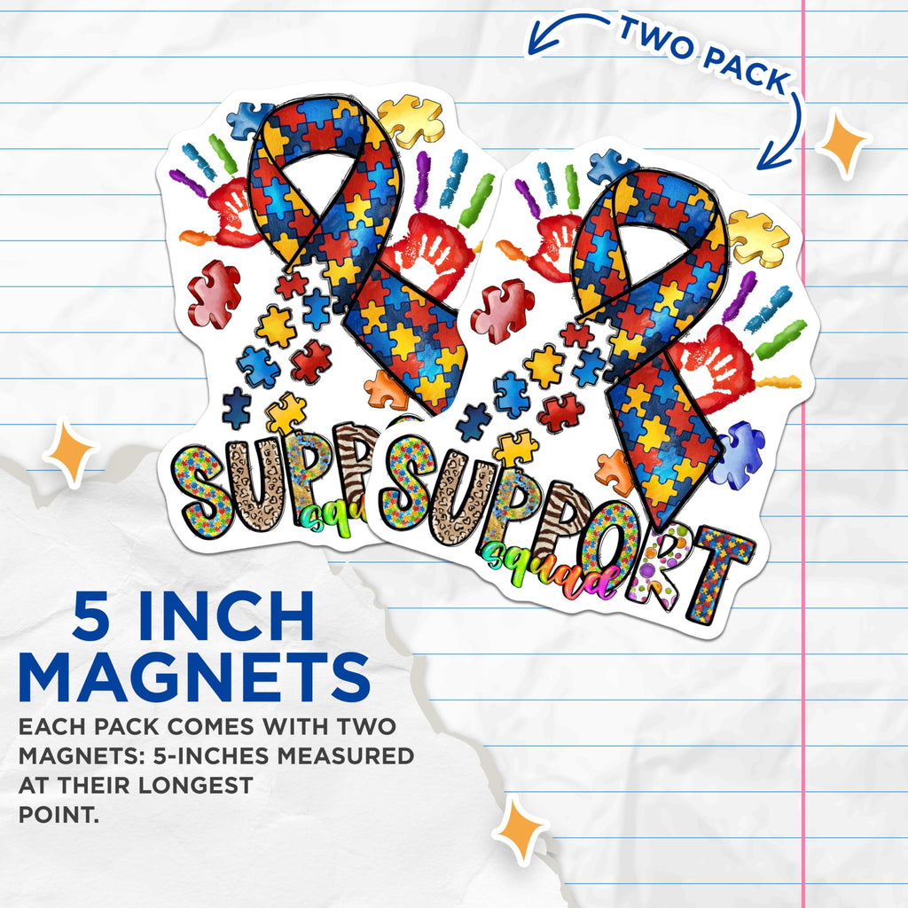 (2 Pack) Autism Awareness Magnets - Support Squad Puzzle Piece - Neurodiversity Rainbow Acceptance - 5 Inches On Longest Side - Thick Durable Magnet - Made in USA - MAG26869