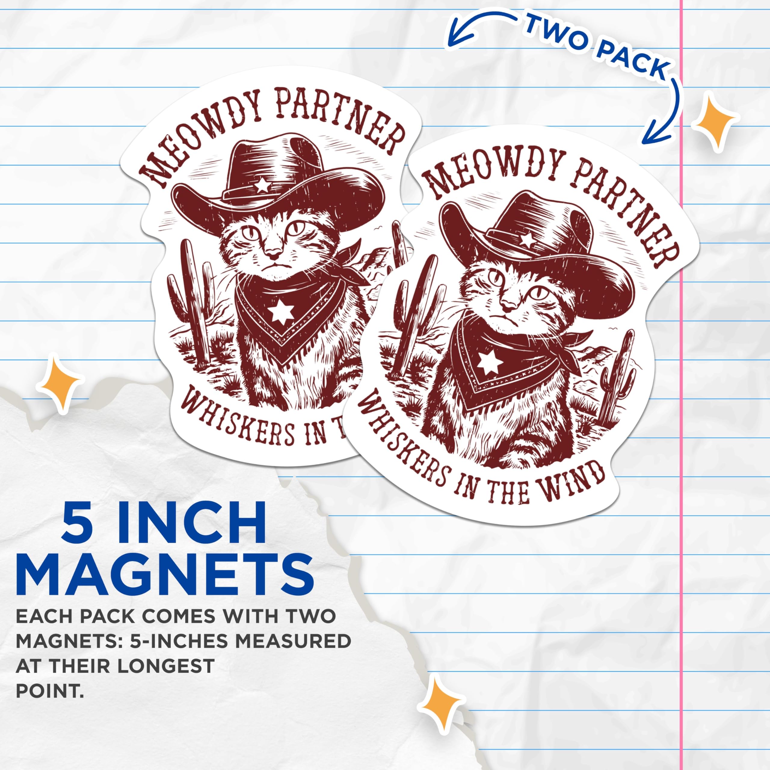 (2 Pack) Meowdy Partner Whiskers in The Wind Magnets - Cat Lover Western Magnets - 5 Inches On Longest Side - Premium Magnet - for Cars, Refrigerators, Toolboxes - Made in USA - MAG2220