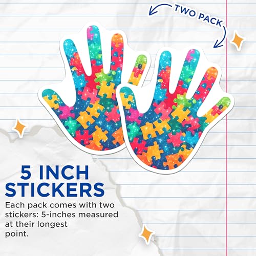 (2 Pack) Autism Awareness Stickers - Colorful Puzzle Piece Hand - Special Needs Advocacy - 5" On Longest Side - Sticks to Smooth Flat Surfaces - Made in USA - BMCS7892