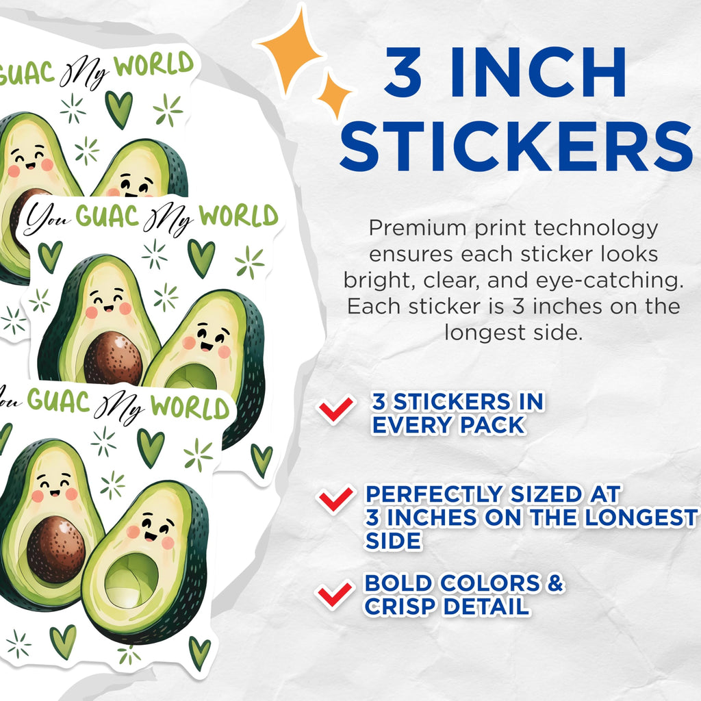 (3 Pack) Avocado Decals - You Guac My World - Cute Laptop Decal - 3 Inches On Longest Side - Easy Peel & Apply - Made in USA - 3MCS7158
