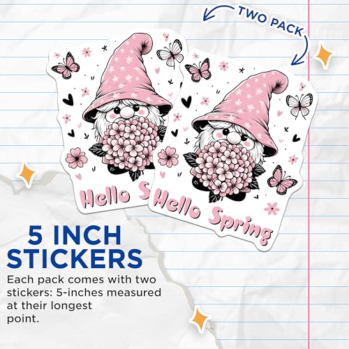 (2 Pack) Hello Spring Stickers - Gnome - Butterfly - Cute Spring - Pink Flower - 5" On Longest Side - Sticks to Smooth Flat Surfaces - Made in USA - BMCS8004