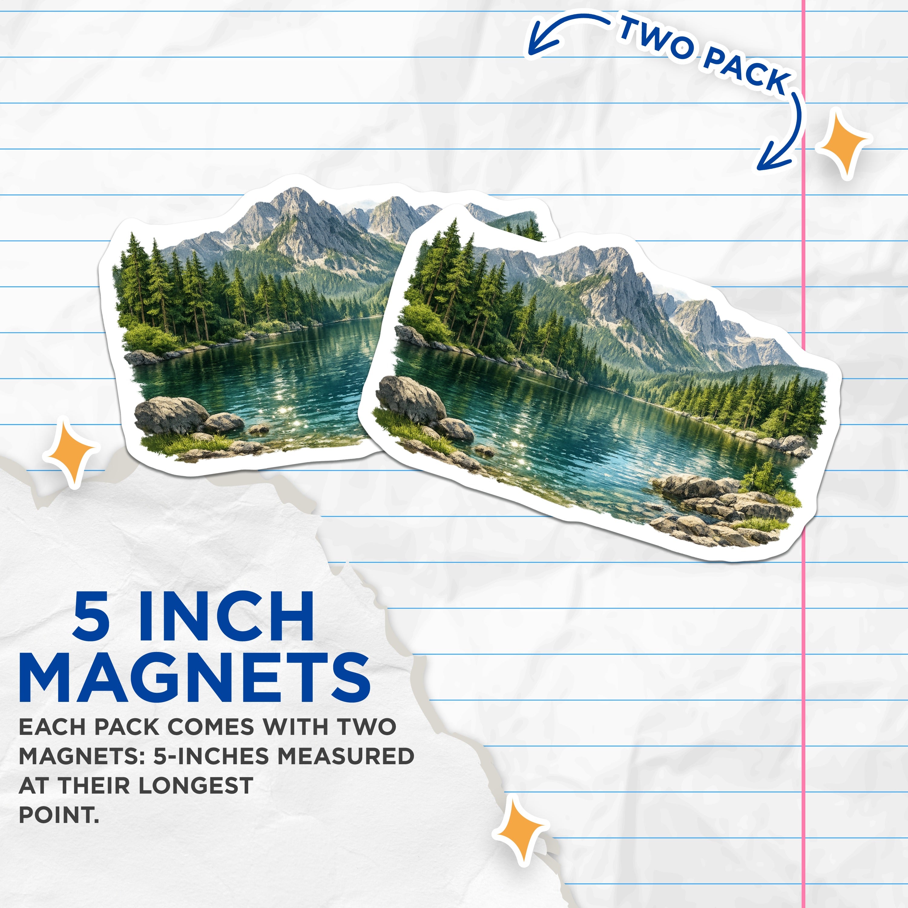 (2 Pack) Mountain Lake Magnets - Nature Landscape - Forest View Fridge Decor - Outdoor Adventure Scene - Cabin House Accent - 5 Inches On Longest Side - Thick Durable Magnet - Made in USA - MAG39996
