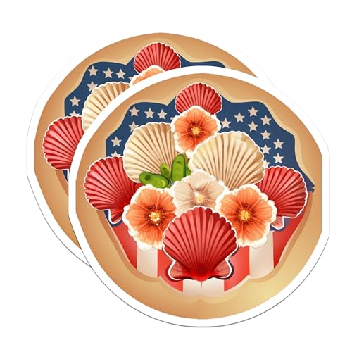 (2 Pack) USA Patriotic Flower Shell Stickers - 5" On Longest Side - Sticks to Smooth Flat Surfaces - Made in USA - BMCS8988 - BMCS8988
