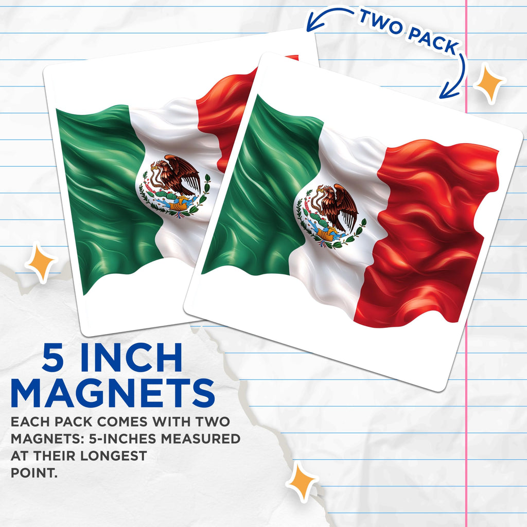 (2 Pack) Mexican Flag Magnets - National Emblem Decor - Patriotic Refrigerator Art - Mexico Pride Souvenirs - 5 Inches On Longest Side - Thick Durable Magnet - Made in USA - MAG29240