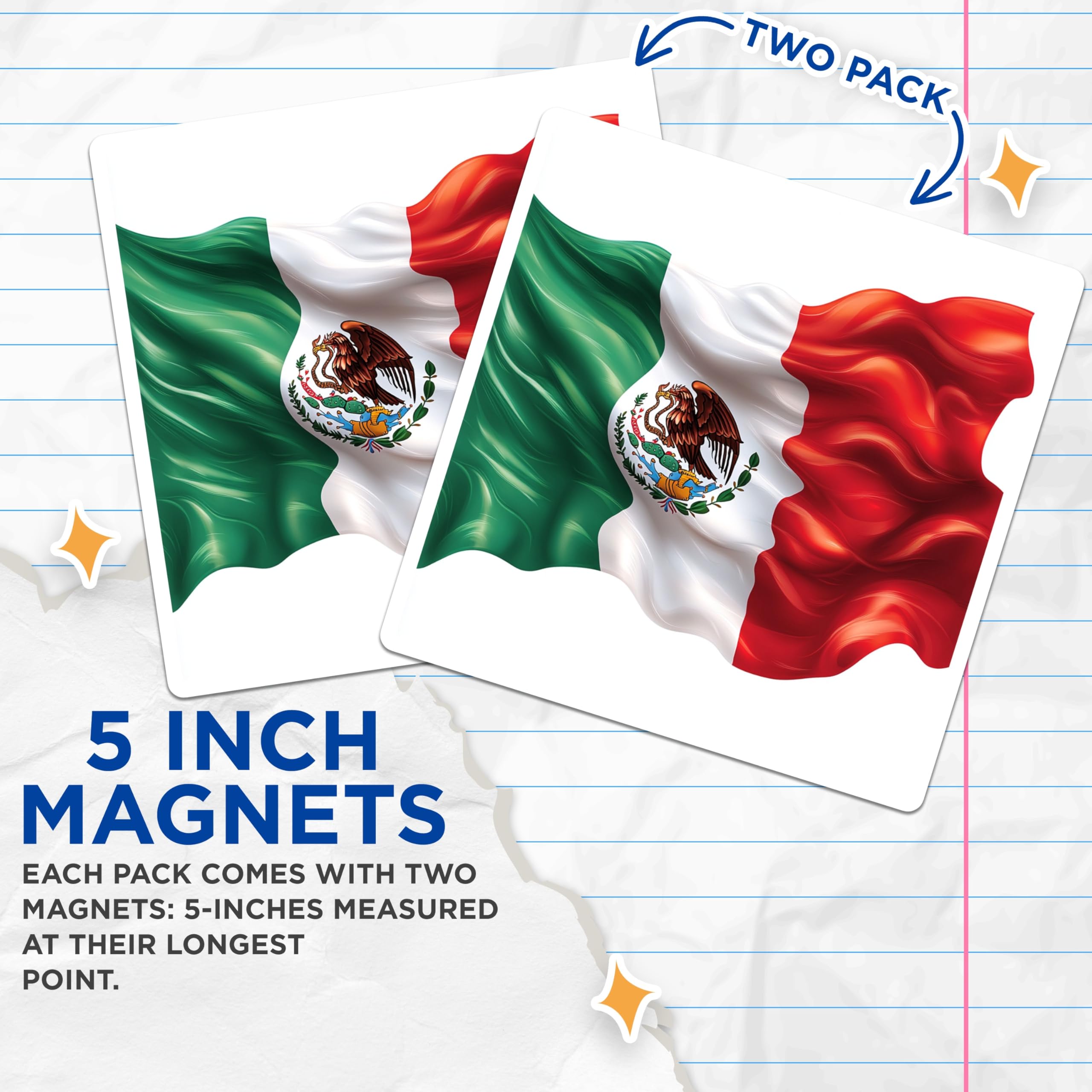 (2 Pack) Mexican Flag Magnets - National Emblem Decor - Patriotic Refrigerator Art - Mexico Pride Souvenirs - 5 Inches On Longest Side - Thick Durable Magnet - Made in USA - MAG29240