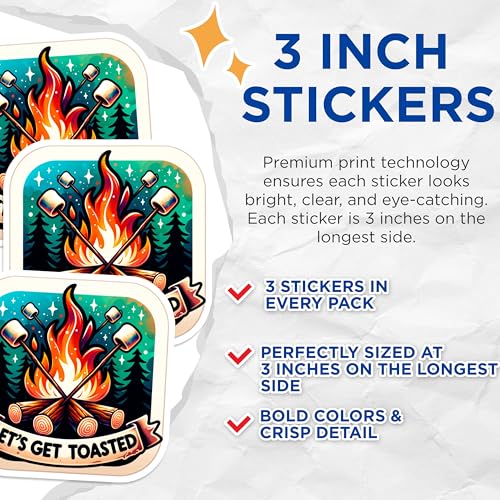 (3 Pack) Let's Get Toasted Decals - Campfire Marshmallow Decal - Funny Laptop Decals- 3 Inches On Longest Side - Easy Peel & Apply - Made in USA - 3MCS5775