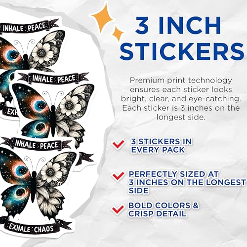 (3 Pack) Butterfly Decals - Inhale Peace Exhale Chaos - Galaxy Floral Laptop Decal - 3 Inches On Longest Side - Easy Peel & Apply - Made in USA - 3MCS8507