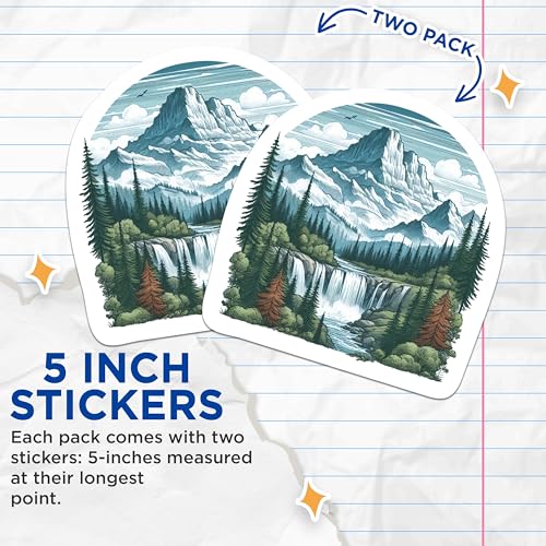 (2 Packs) Mountains Waterfall Forest Stickers - Nature Outdoorsman Hiking Decals - 5 Inches On Longest Side - Premium Vinyl Decal - Sticks to Any Smooth Flat Surface - Made in USA - BMCS2289