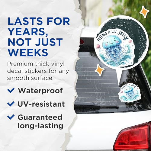 (2 Pack) Feeling A Lil Jelly Stickers - Cute Ocean Animal - Jellyfish Cartoon Sticker - 5" On Longest Side - Sticks to Smooth Flat Surfaces - Made in USA - BMCS9302