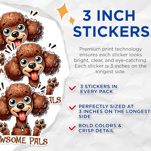 (3 Pack) Poodle Dog Decals - Pawsome Pals Cartoon - Laptop Decals - 3 Inches On Longest Side - Easy Peel & Apply - Made in USA - 3MCS1617