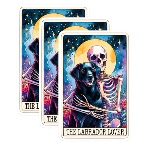(3 Pack) Labrador Lover Decals - Dog Tarot Card Stickers - Skeleton Pet Lover Decal - 3 Inches On Longest Side - Easy Peel & Apply - Made in USA - 3MCS0278