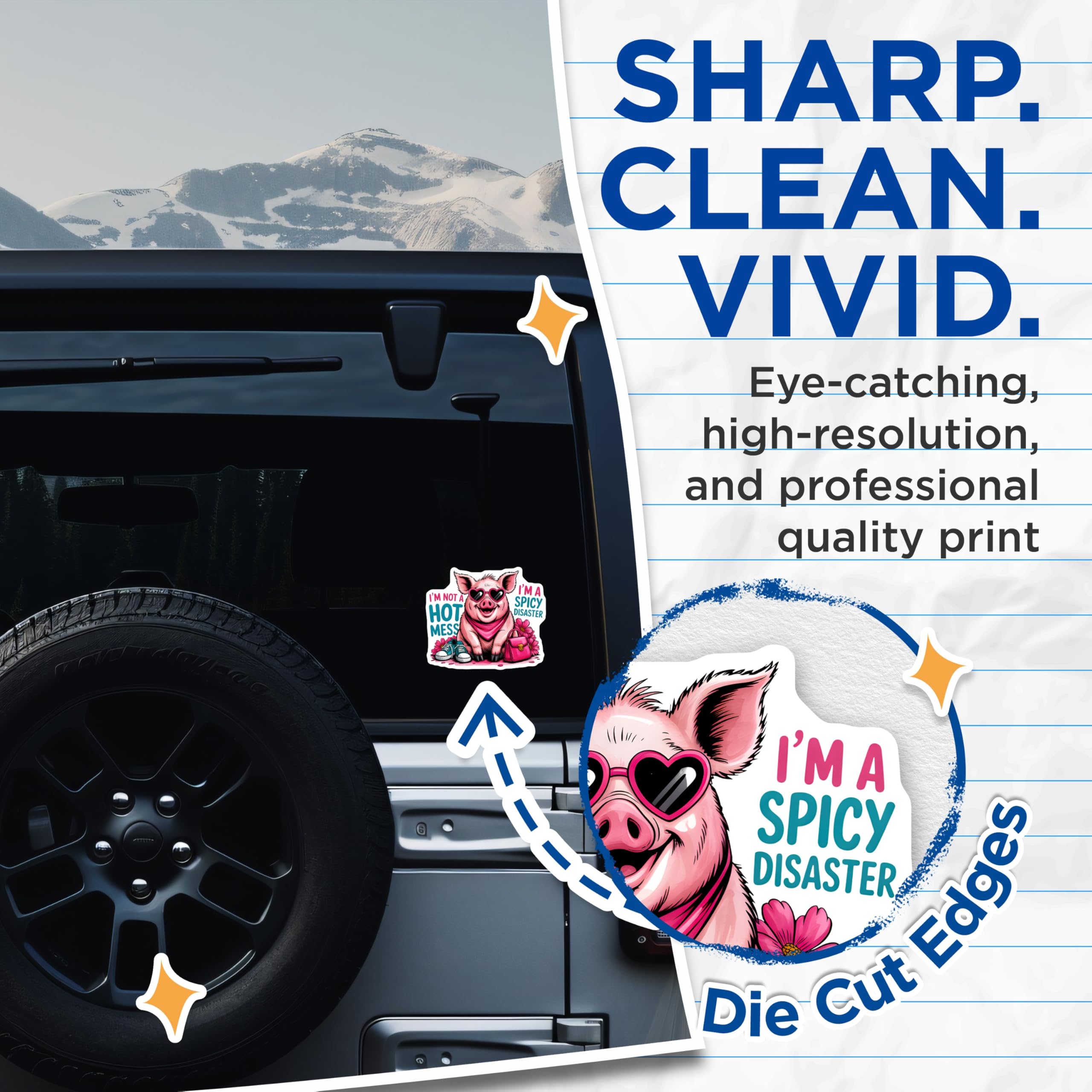 (2 Pack) Spicy Disaster Pig Stickers - Funny Pig Quote - Trendy Design Stickers- 5" On Longest Side - Sticks to Smooth Flat Surfaces - Made in USA - BMCS16228