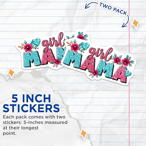 (2 Pack) Girl Mama Stickers - Glitter Heart - Floral Design - Colorful Artwork - Motherhood - 5" On Longest Side - Sticks to Smooth Flat Surfaces - Made in USA - BMCS8187